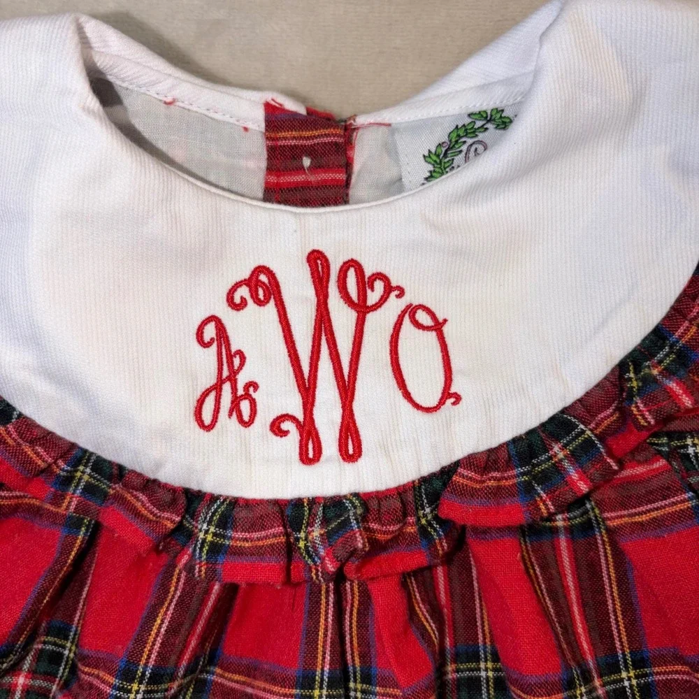 Cecil and Lou Baby Girls Red Plaid Monogrammed Christmas Top Bloomer Set 6M AOW